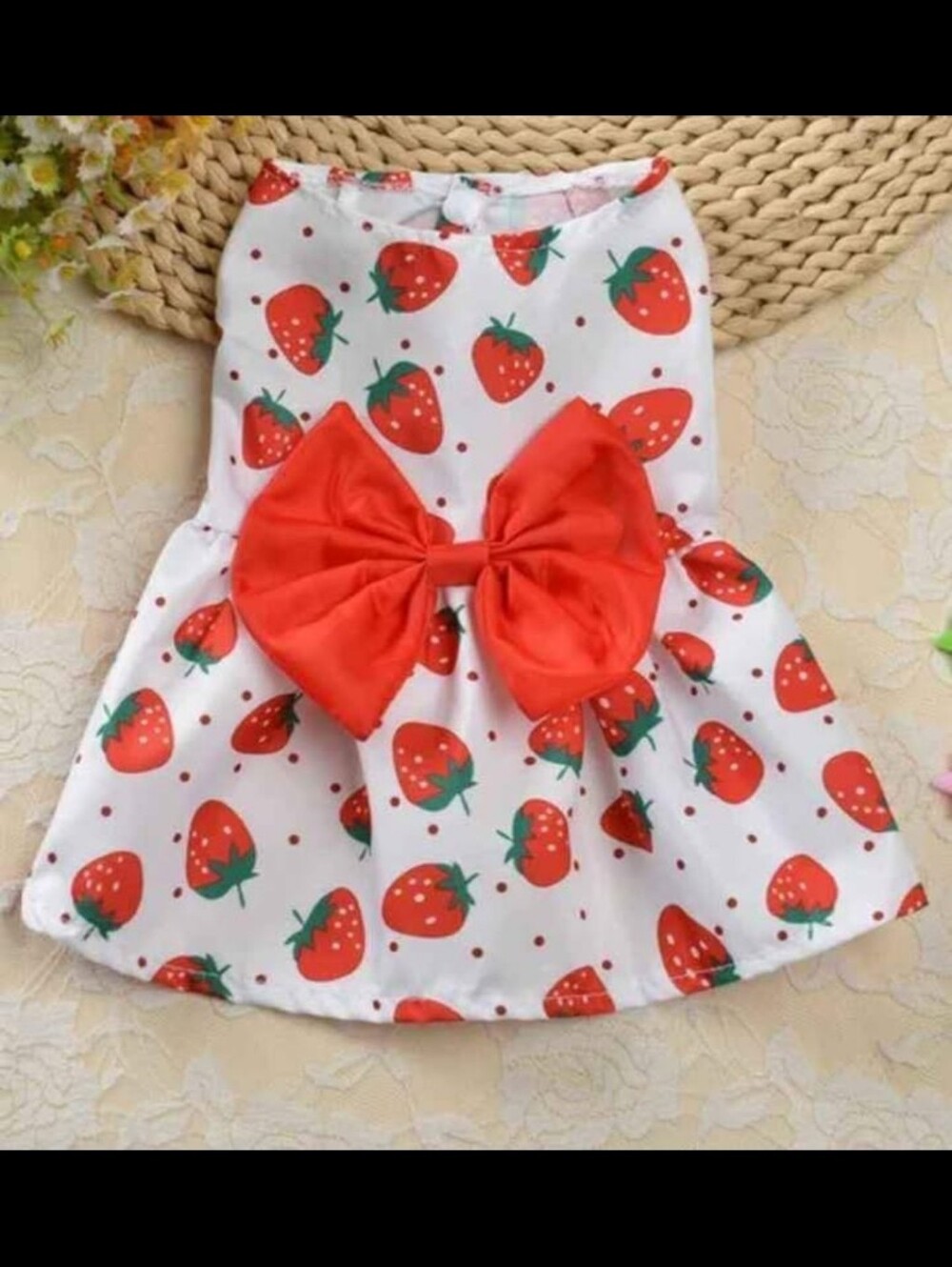 Girls White Strawberry Print Dress with Red Bow